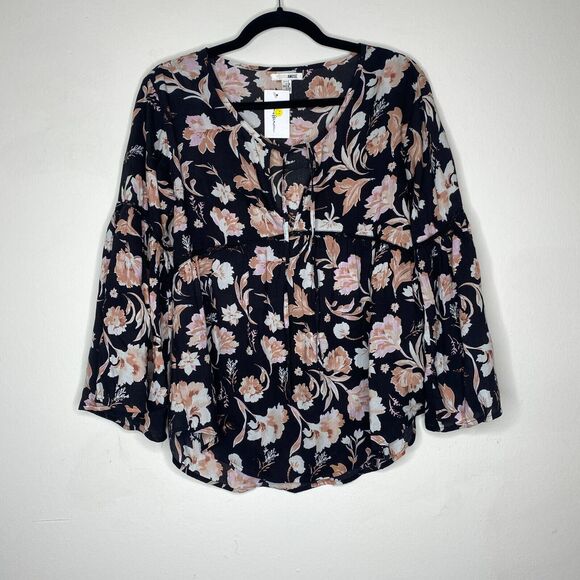 NWT Amuse Society Black Peach Pink Floral Long Bell Sleeve VNeck Boho Blouse SM - Picture 4 of 12